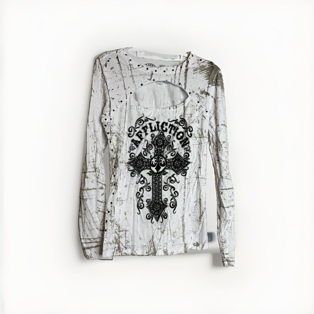 Affliction Womens L White/Gray Long Sleeve Crew Neck Cross Graphic Studded Tee